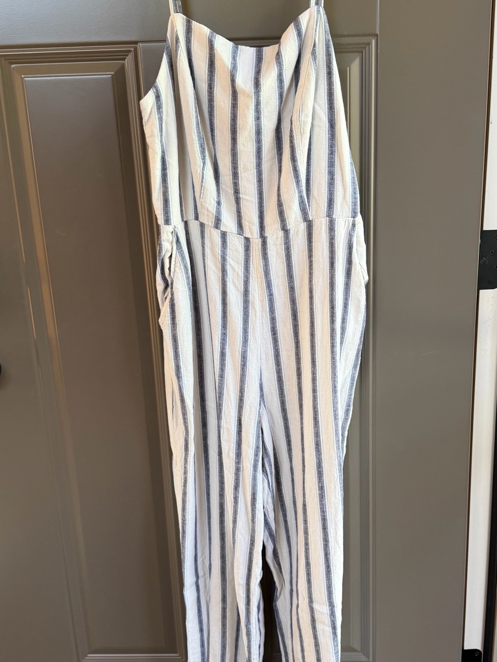 Old Navy White and Blue Vertical Stripe Jumpsuit, Size Large Tall